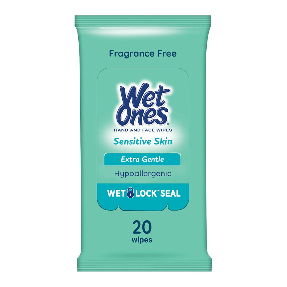 Wet Ones Sensitive Skin Hand and Face Wipes Travel Pack, Fragrance Free, 20 Ea